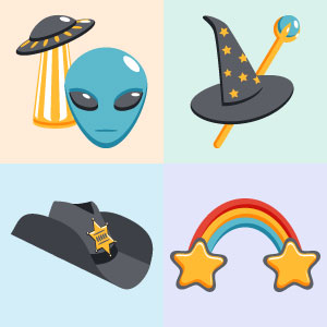 Aliens, Witch hat, cowboy hat, and rainbow