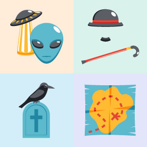 Aliens, Charlie Chapman hat, cane and mustache, grave stone and raven, and adventure map