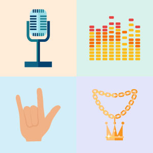 Old Fashion Microphone, Music levels display, Rock and Roll hand symbol, and Hip-hop gold chain necklace, 