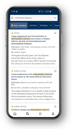 EBSCO mobile app display preview showing article search results for 'information literacy'