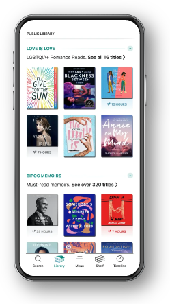 Libby mobile display preview showing curated book list of 'Love is Love' and 'Bipoc Memoirs' titles