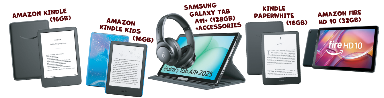 Prizes: Amazon Kindle (16GB), Amazon Kindle Kids (16GB), Samsung Galaxy Tab A11+ (128GB) plus accessories, Kindle Paperwhite (16GB), and Amazon Fire HD10 (32GB)