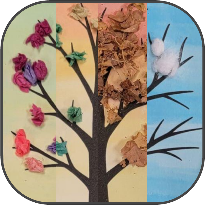 Four Trees with seasonal decorations including tissue paper leaves, flowers, fall leaves, and cotton snow