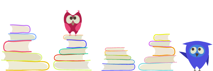 Cartoon owls and stacks of colorful books