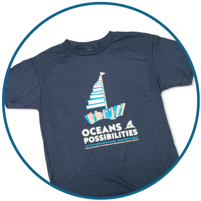 T-shirt with a graphic showing boat made out of books and Oceans of Possibilities