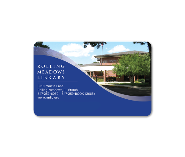 Library card design wit a photo of the library and contact intormation