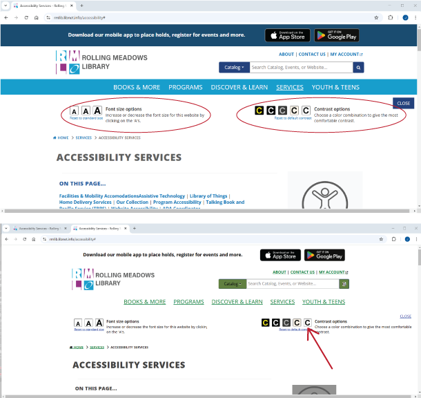 Website accessibility features including Font size options, contrast options, and close button