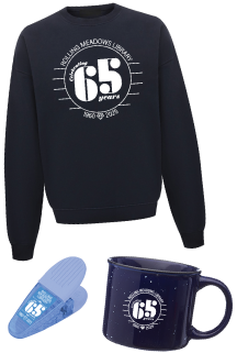 Sweatshirt, mug, and chip clip all with the 65th Anniversary logo printed on them