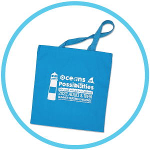 Blue canvas bag with a white graphic depicting a lighthouse and 'Oceans of Possibilities'