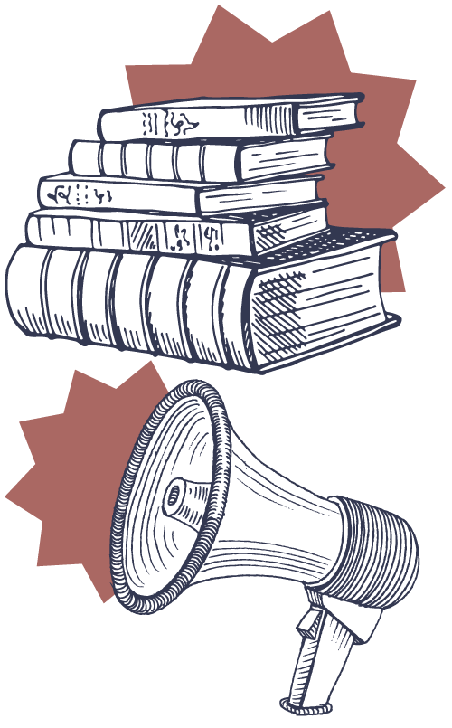 'Vintage style illustrations of books and bullhorn
