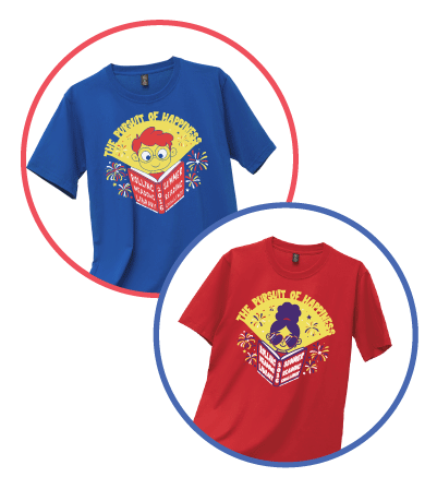 Red and Blue shirts with a graphic showing kids reading a book and 'The Pursuit of Happiness'