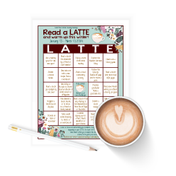 Read a Latte and Warm Up this Winter BINGO card and latte cup