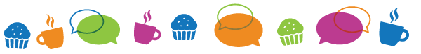 speech bubbles, muffins, and coffee graphics