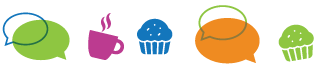 speech bubbles, muffins, and coffee graphics
