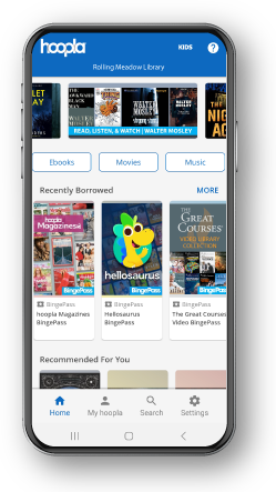 Hoopla mobile display preview of the dashboard featuring hoopla Magazines, hellosaurus, and the Great Courses