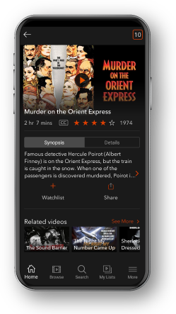 Kanopy mobile display preview showing 'Murder on the Orient Express' thumbnail and synopsis