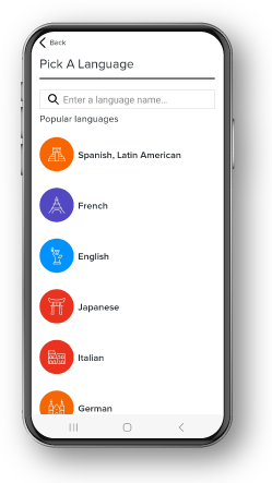 Mango Languages mobile display preview showing the Pick a Language page