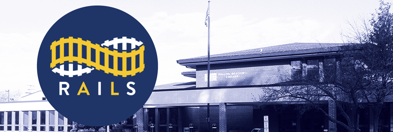 Library exterior and RAILS logo