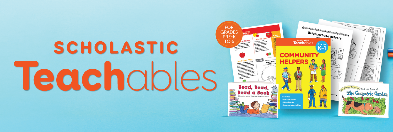 Scholastic Teachables logo with worksheet examples
