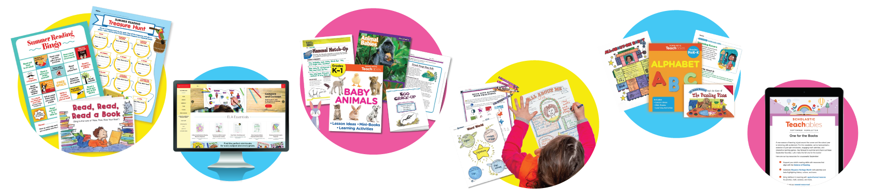 Example books and worksheets, kid writing on worksheet, and computer screens of scholastic teachables