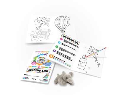 Reading log, plush elephant, and stackable crayon