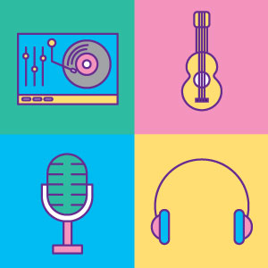 Illustration of record turntable, guitar, old fashion microphone, and headphones