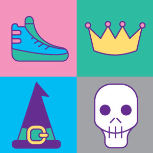 sneaker, crown, magic hat, and skull