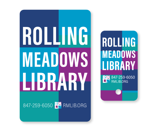 Library card and keychain tag design of  geometric colorful squares and bold large text that reads Rolling Meadows Library