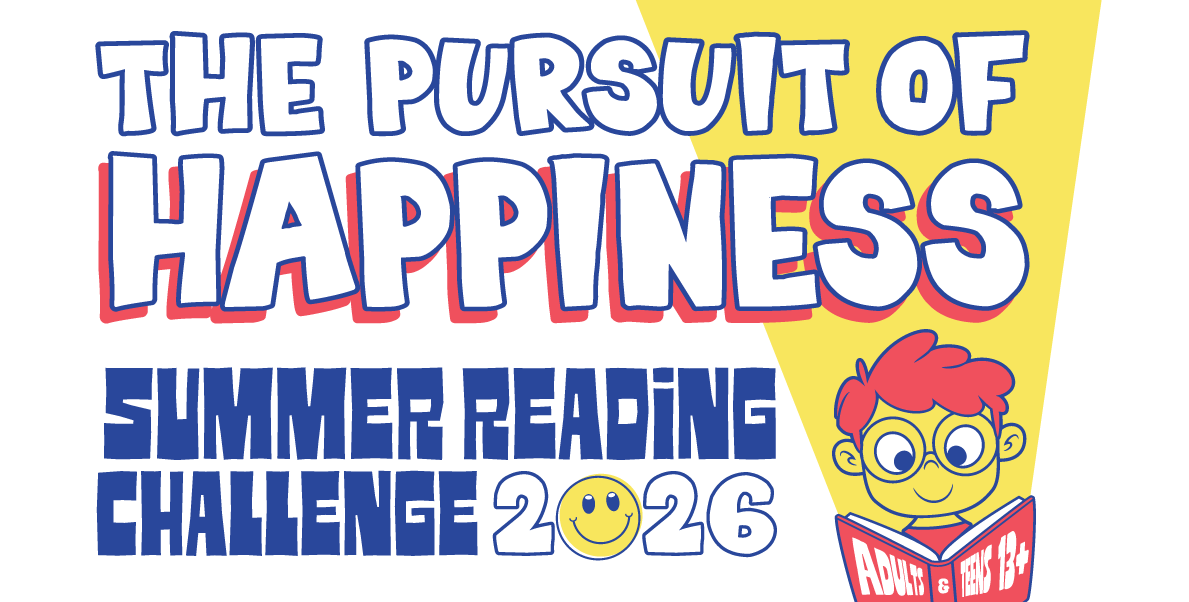 Reading sloth. Text reads: Summer Reading Challenge 2026: The Pursuit of Happiness