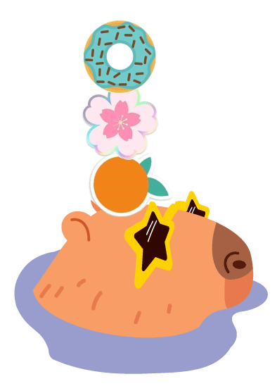 'Capybara with an orange, flower, and donut on its head