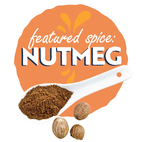 Ground nutmeg on a spoon and thre nutmeg pods